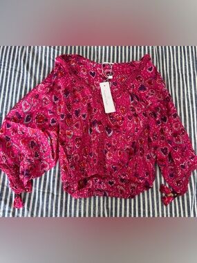Poupette St. Barth Bright Fuchsia Heart-Print Peasant Top